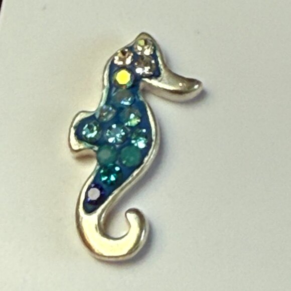 Sterling Silver Seahorse Stud Earrings Austrian Crystals Blue Glass Mosaico - Picture 1 of 5